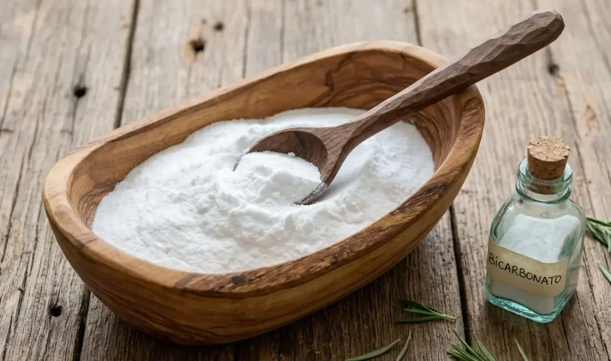 Recipiente de madeira contendo bicarbonato de sódio com uma colher de madeira, acompanhado de uma pequena garrafa de vidro e folhas de hortelã. O bicarbonato de sódio é um composto branco e cristalino amplamente utilizado em cozinha, limpeza e como agente alcalinizante.