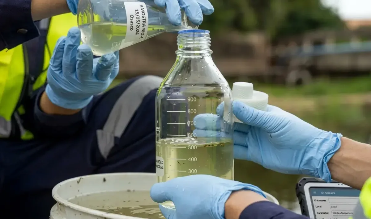 Pesquisadores coletando amostras de água em frascos graduados, usando luvas azuis e equipamentos de proteção. A imagem ilustra o processo de amostragem ambiental para análise de qualidade da água em estudo.