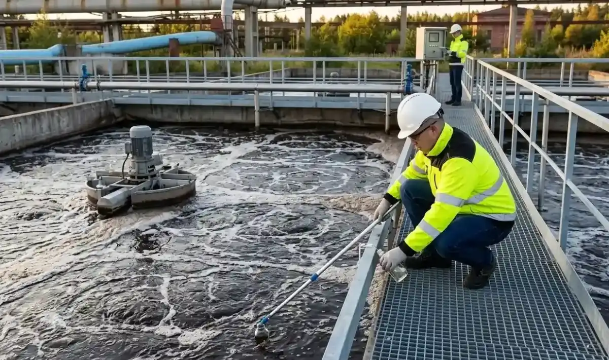 Trabalhadores realizando medições de qualidade em um tanque de tratamento de águas residuais. A estação de tratamento remove impurezas e poluentes, garantindo que o efluente seja adequado para reuso ou descarga controlada.